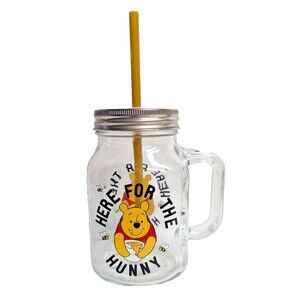 Disney Winnie the Pooh Glass Mason Jar Tumbler Cup Lid Straw 21 oz Gift NEW